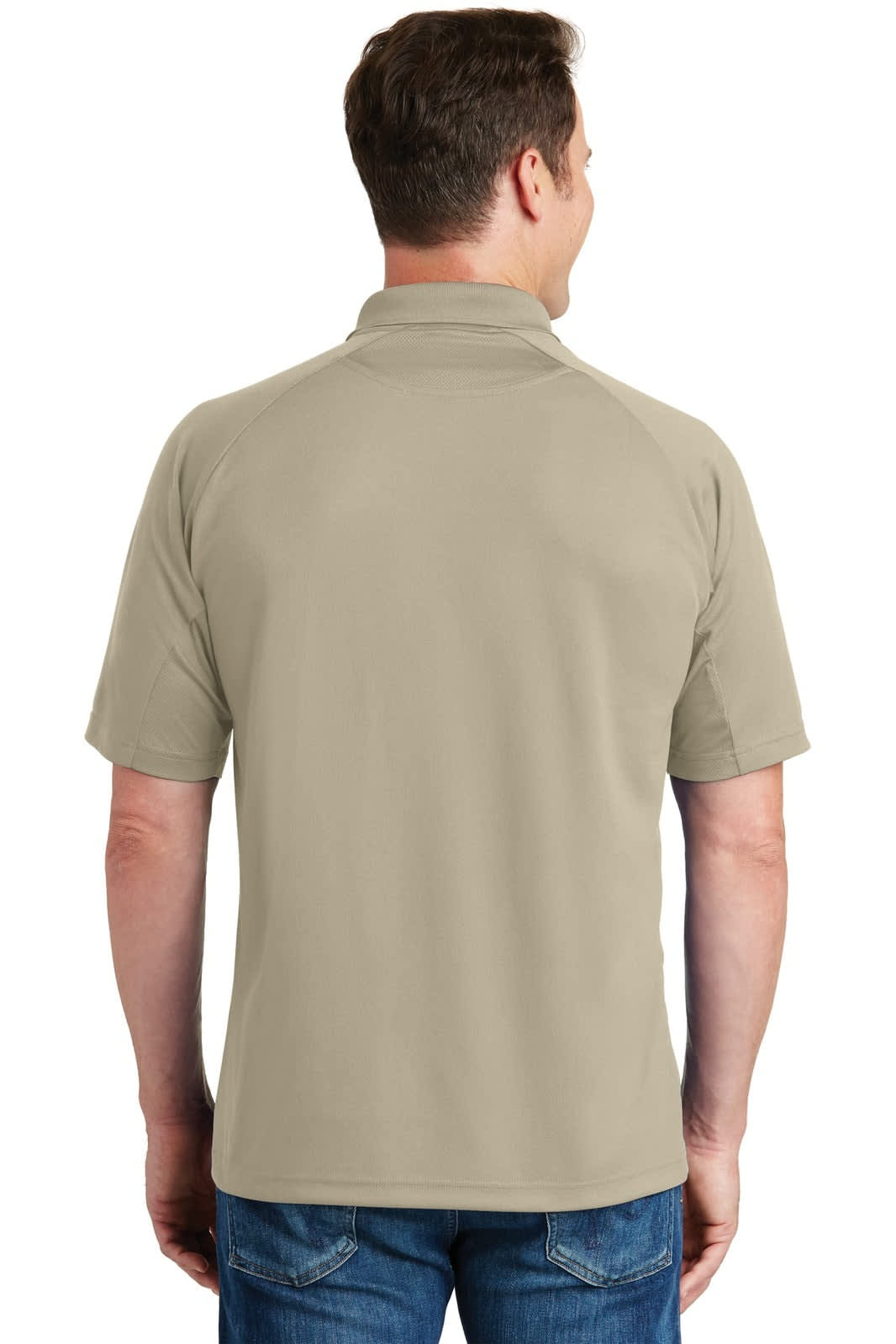 A beige Sport-Tek Dri-Mesh Pro Polo shirt with a collar, viewed from the back, featuring a logo.