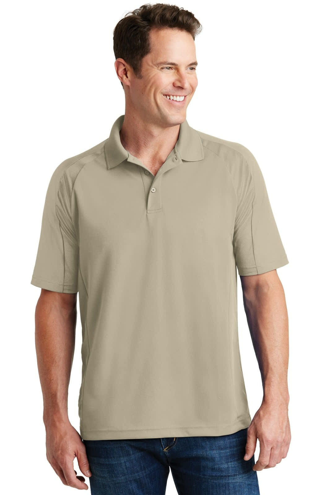 A light khaki Sport-Tek Dri-Mesh Pro Polo shirt for men, featuring a short-sleeve design and a logo.
