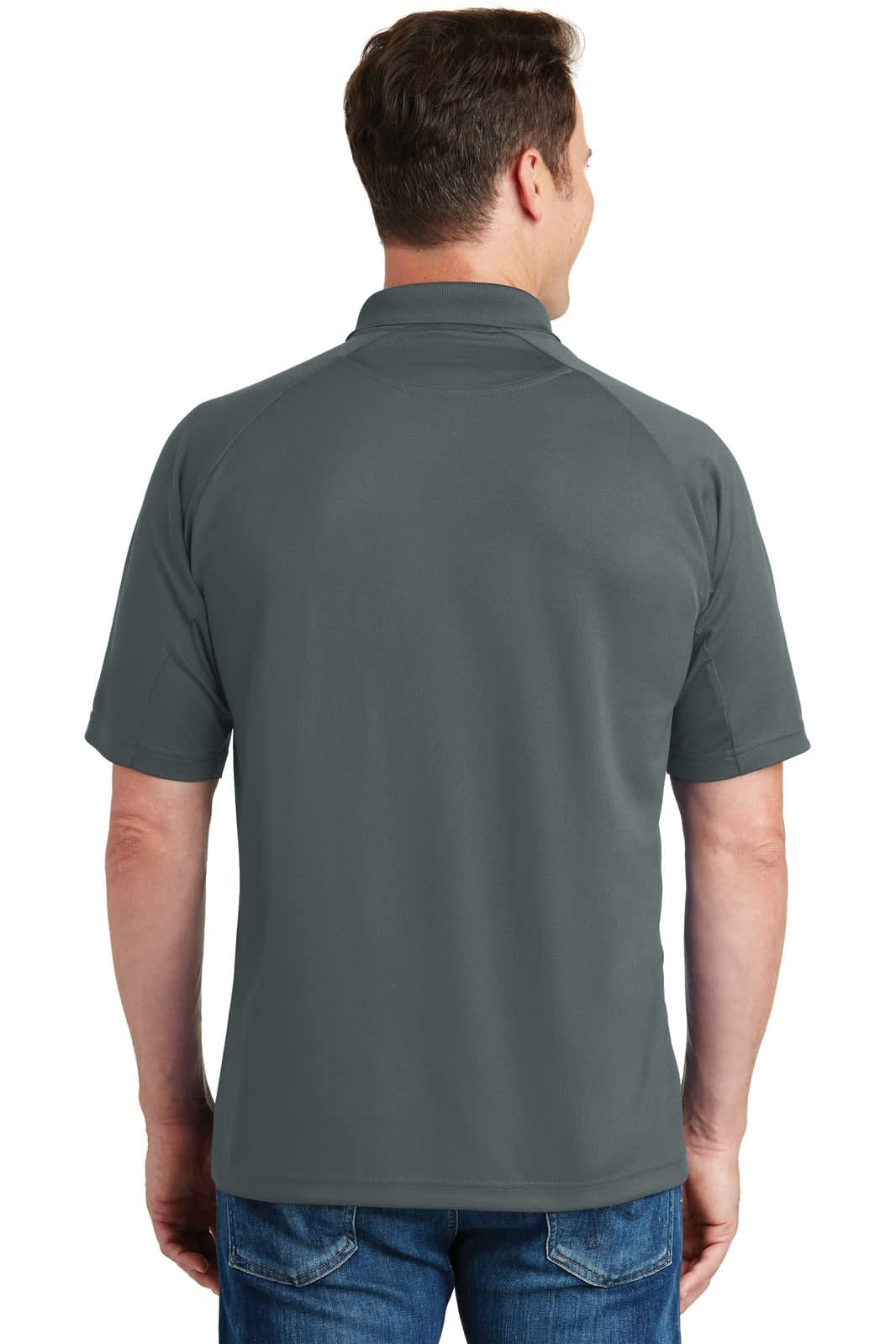A grey Sport-Tek Dri-Mesh Pro Polo shirt, featuring a plain design and a back view. It has a logo on the collar.