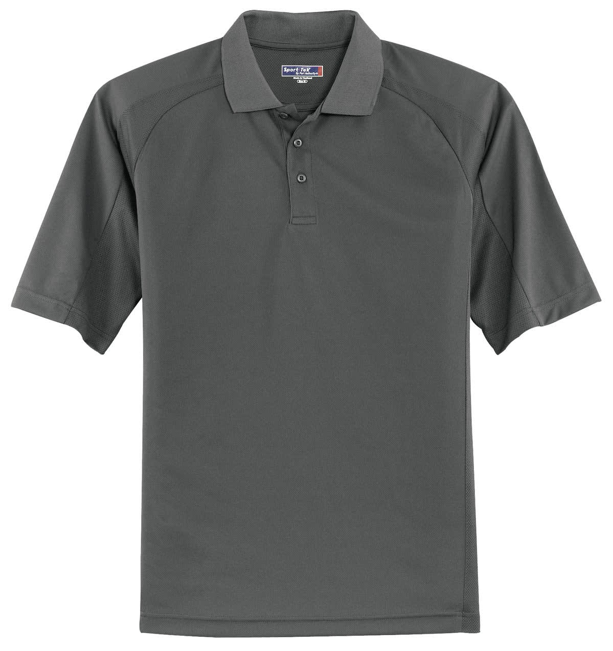 A grey polo shirt with a collar, three buttons, and raglan sleeves. It features a logo.