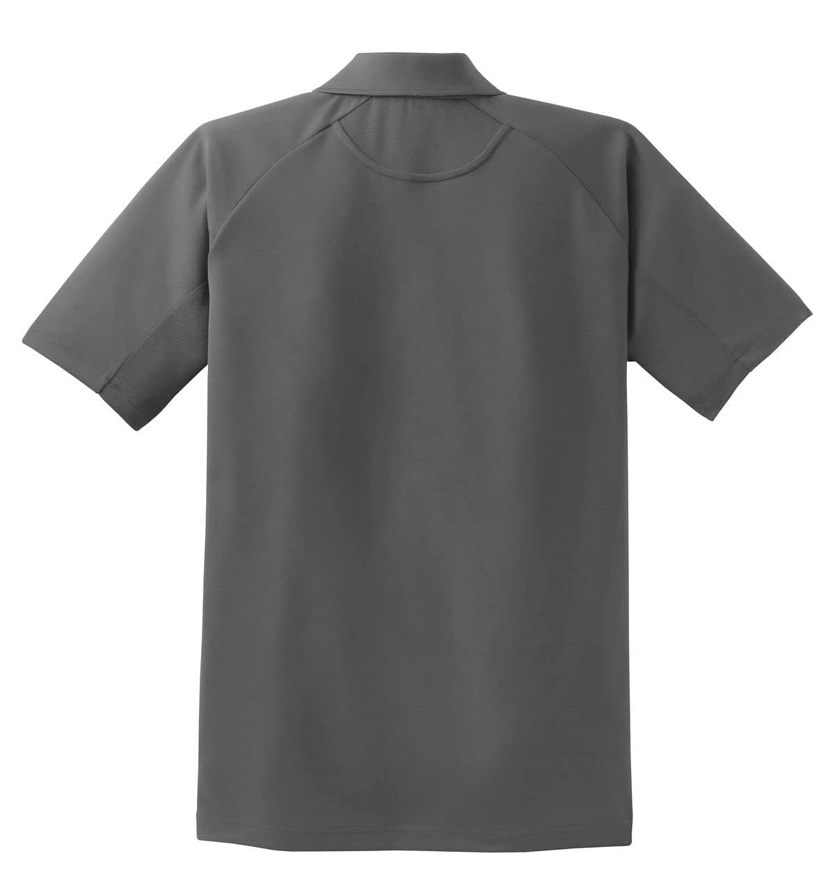 A grey Sport-Tek Dri-Mesh Pro Polo featuring a short sleeve design and a back view, complete with a logo.