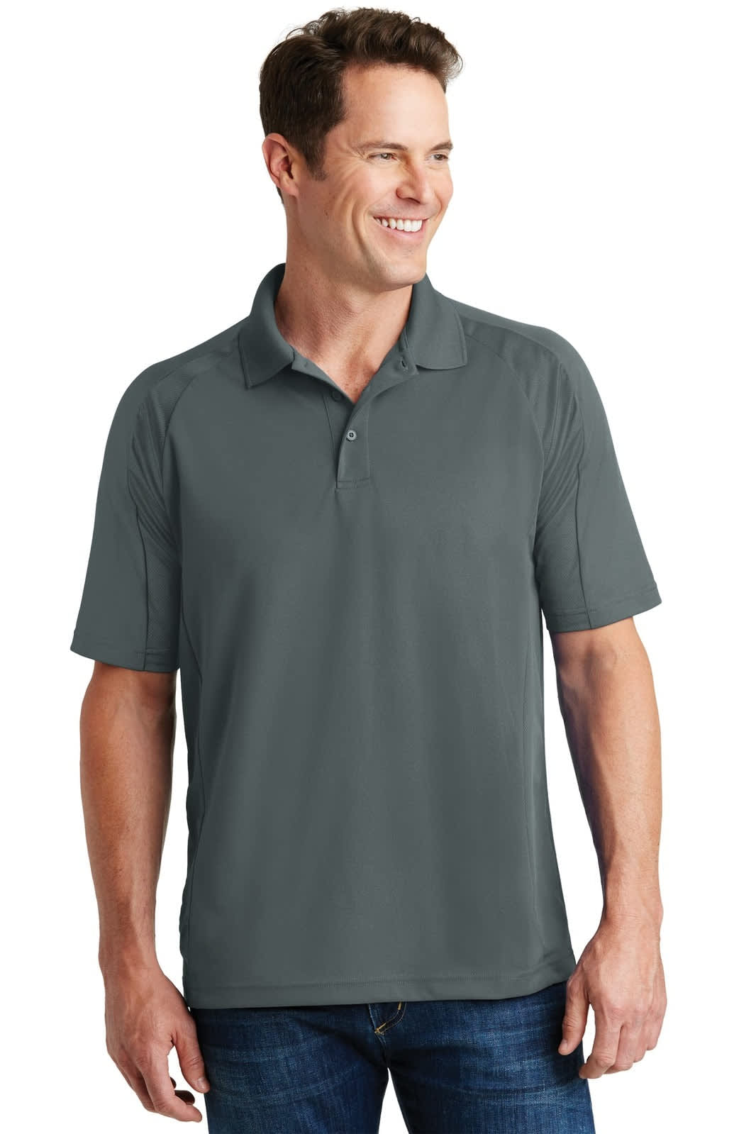 A grey Sport-Tek Dri-Mesh Pro Polo shirt with short sleeves, featuring a logo on the chest.