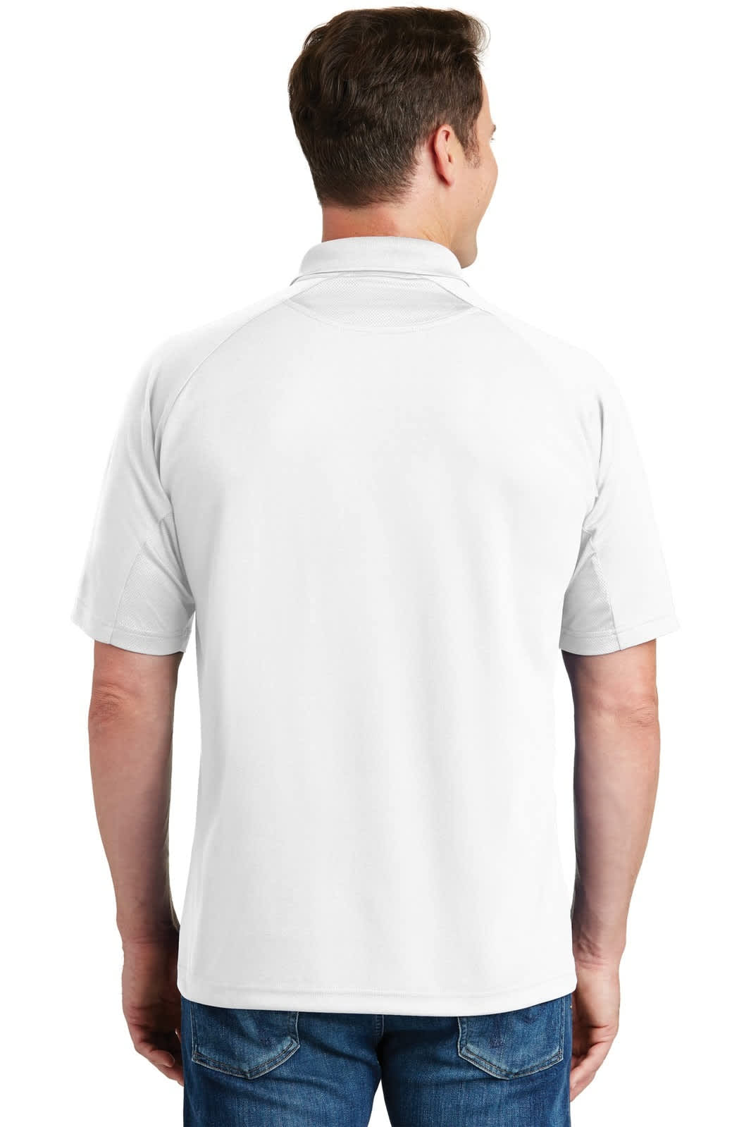 A white Sport-Tek Dri-Mesh Pro Polo shirt displayed from the back, featuring short sleeves and a subtle logo.