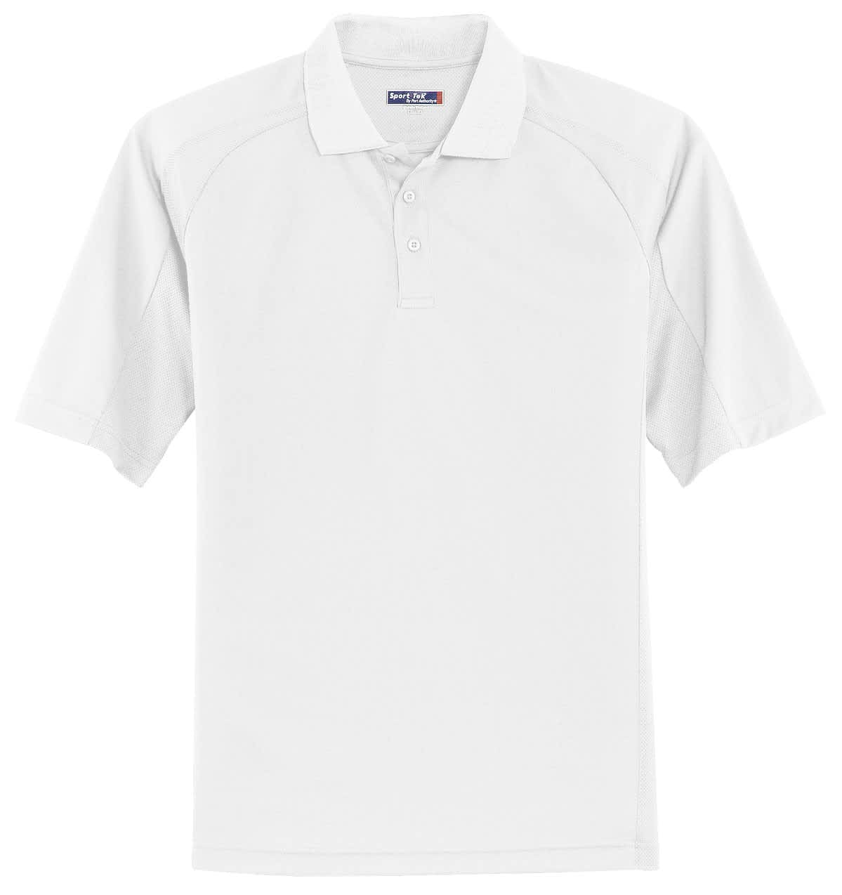 A white polo shirt featuring a collar and a three-button placket; includes a logo on the front.