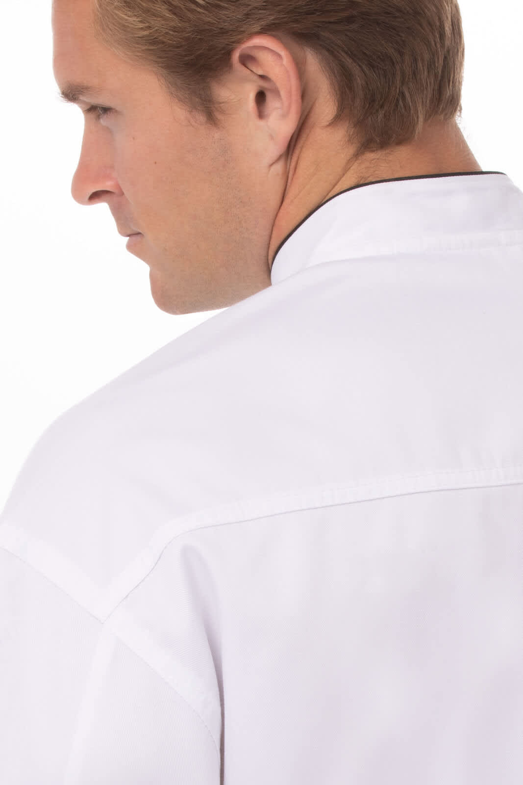 A white executive chef jacket featuring a modern design, with a branding logo visible on the back.