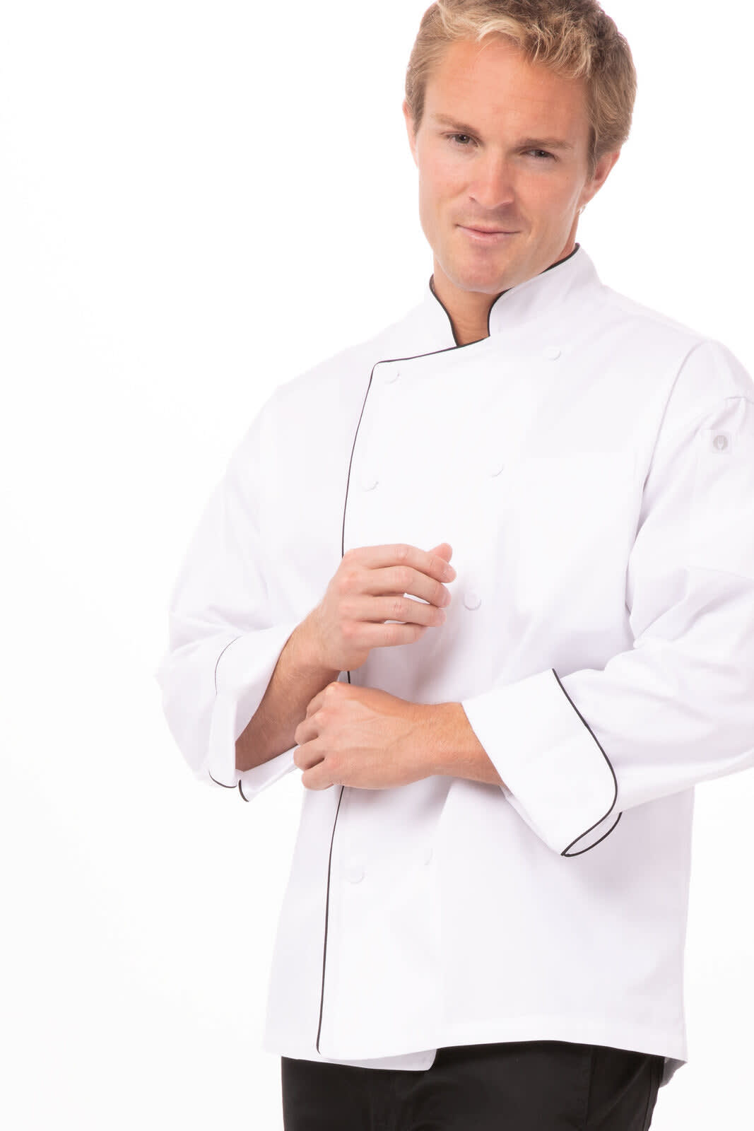 A white chef jacket featuring black piping, designed for men, with a logo.