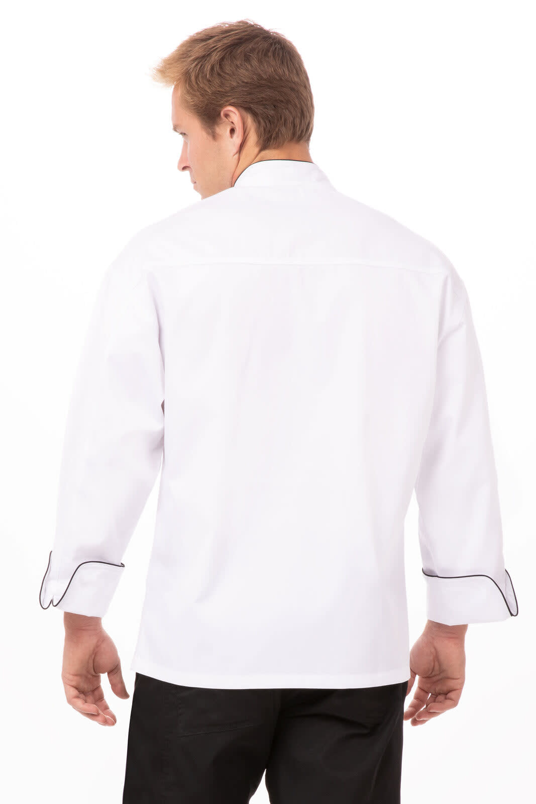 A white executive chef jacket featuring black piping, shown on a model from the back.