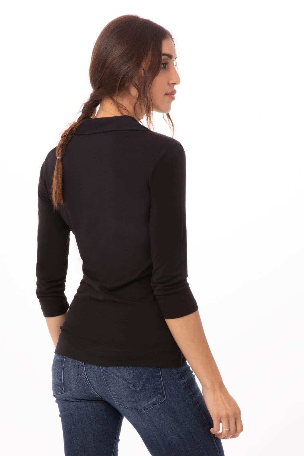 A black polo shirt designed for women, featuring a fitted style and three-quarter sleeves.