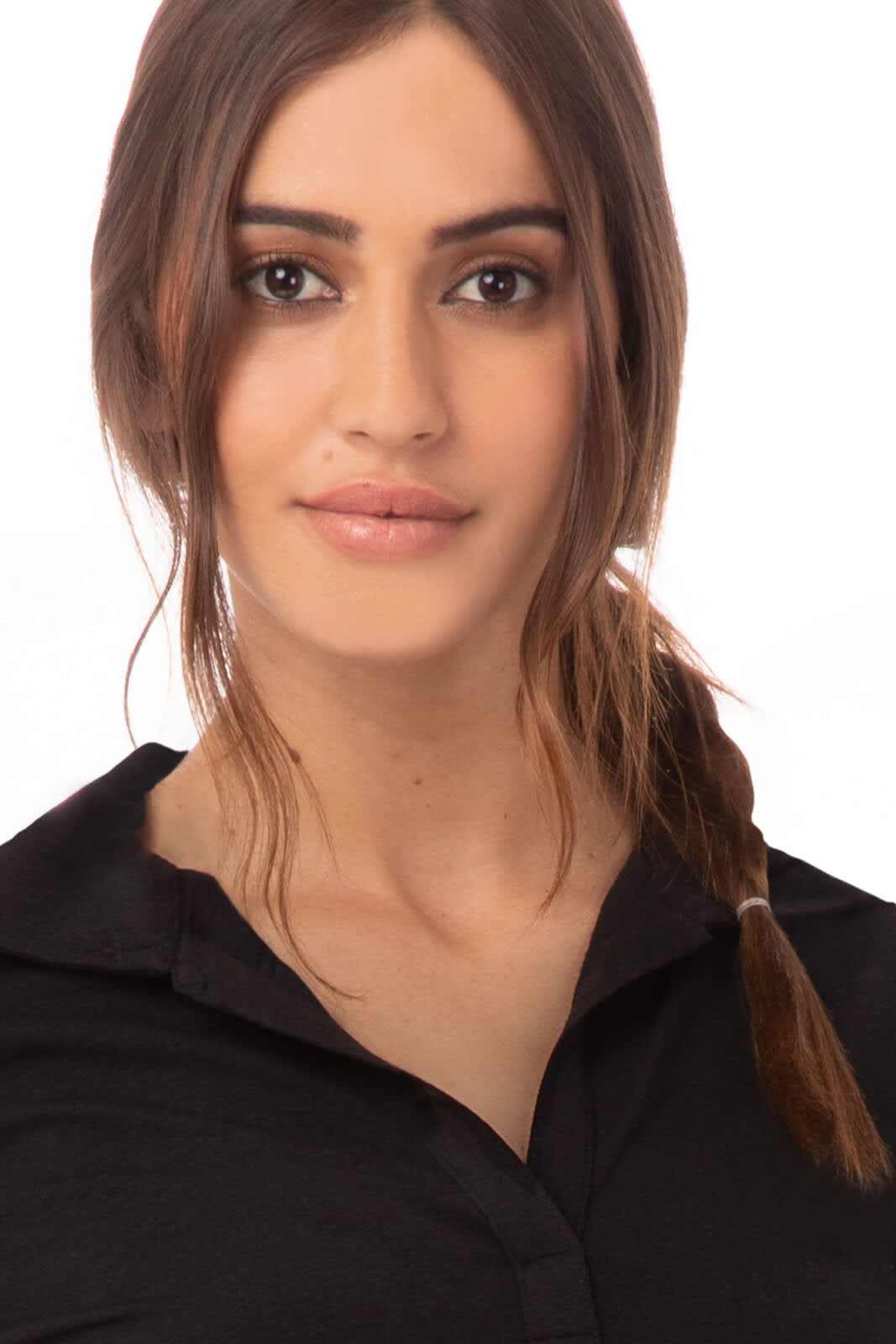 A black polo shirt is worn by a model with long, light brown hair styled in a loose braid.