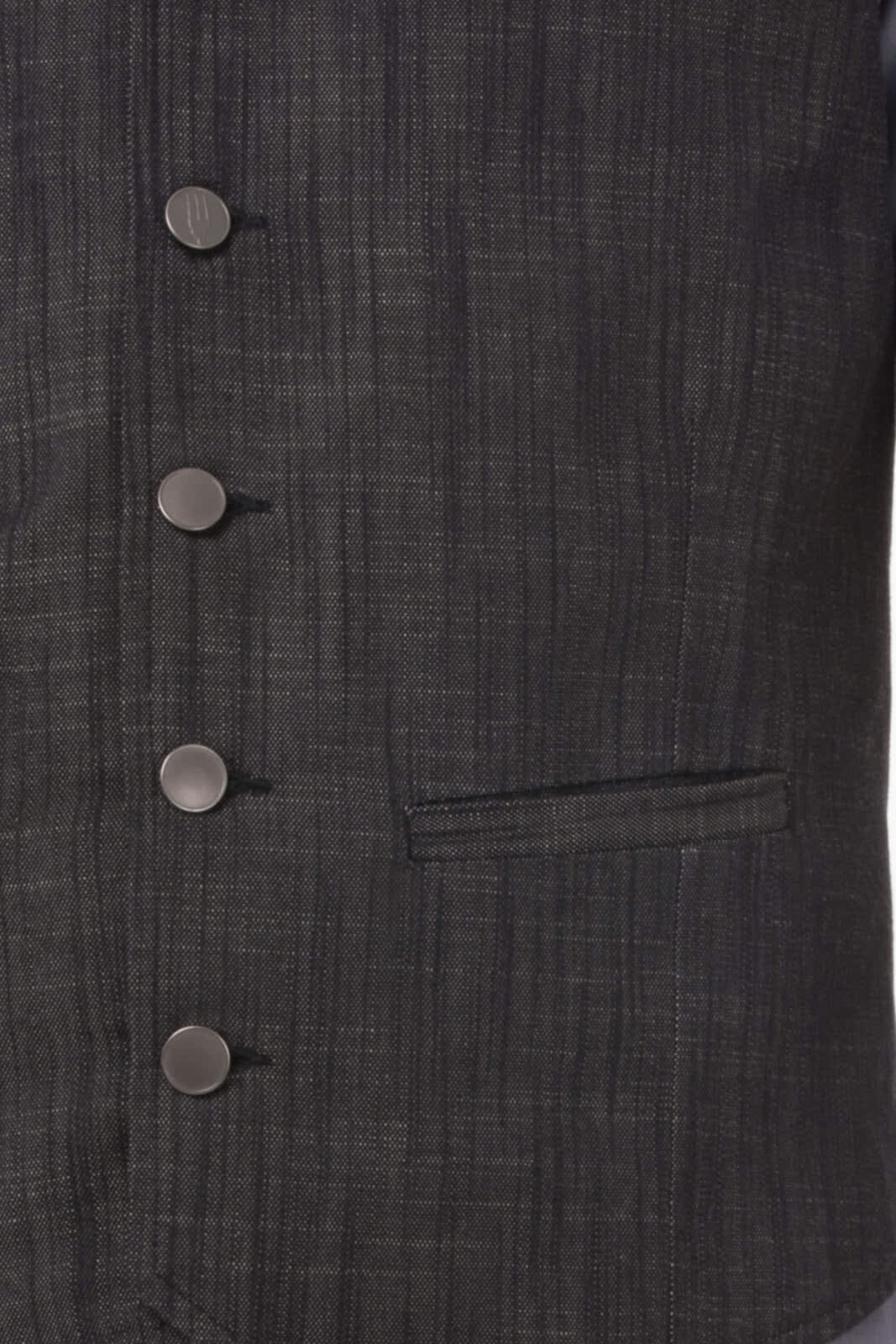 A grey men's vest featuring four buttons and a side pocket. The fabric has a textured finish.