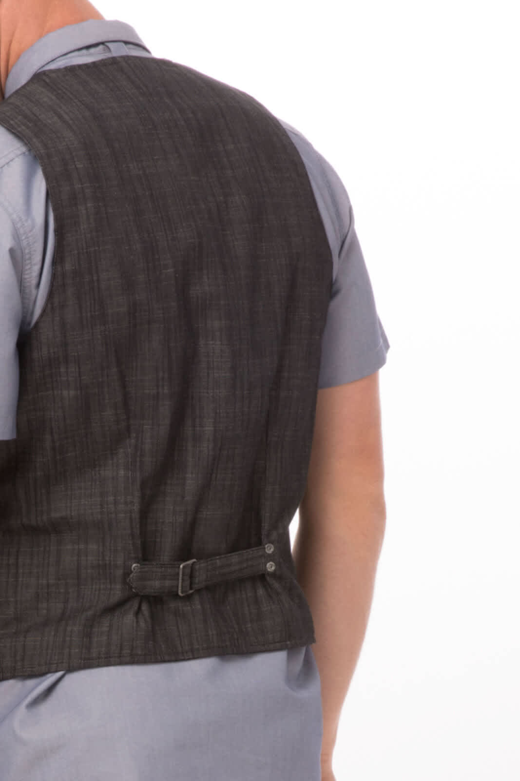 A men's black vest with a textured finish, featuring a back buckle detail. It has a subtle logo.