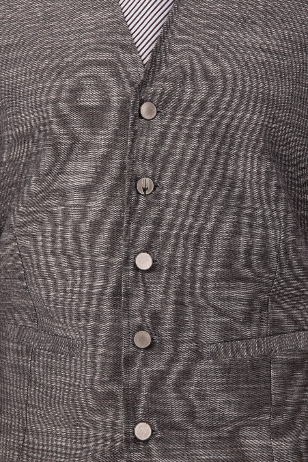 A men's vest in grey with a textured fabric, featuring a button front and two side pockets. It also has a branding logo.