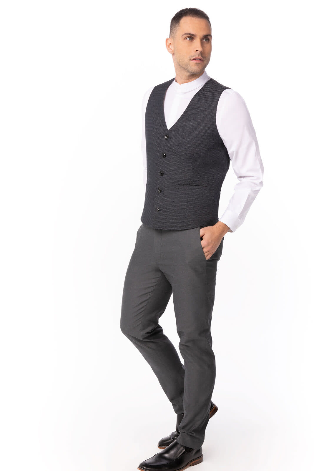 A grey men's vest with a five-button closure, worn over a white shirt and paired with grey trousers.