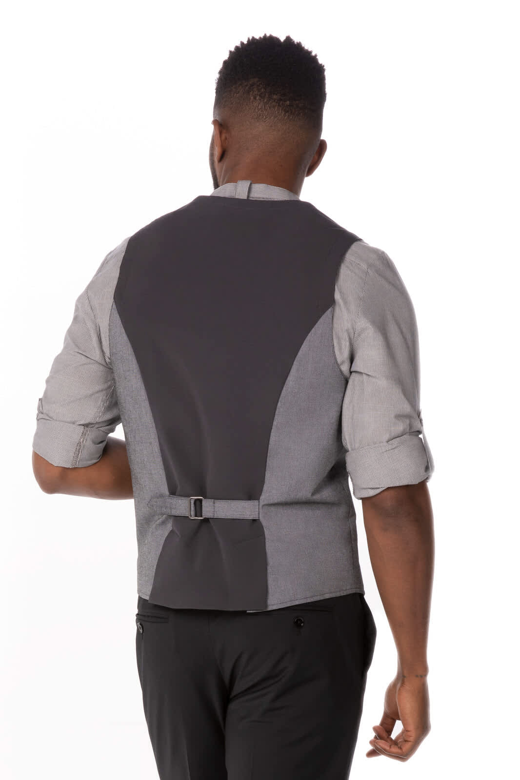 A men's vest featuring a grey and dark grey design, showcasing a fitted back style with an adjustable buckle.