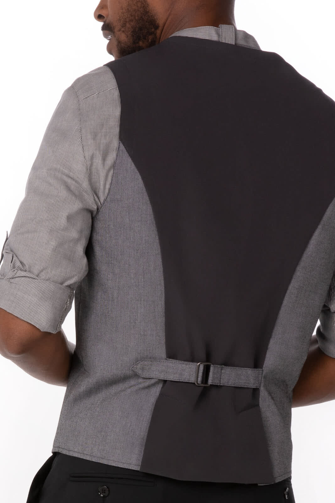 A men's vest featuring a grey front and black back, with a buckle detail for adjustment.