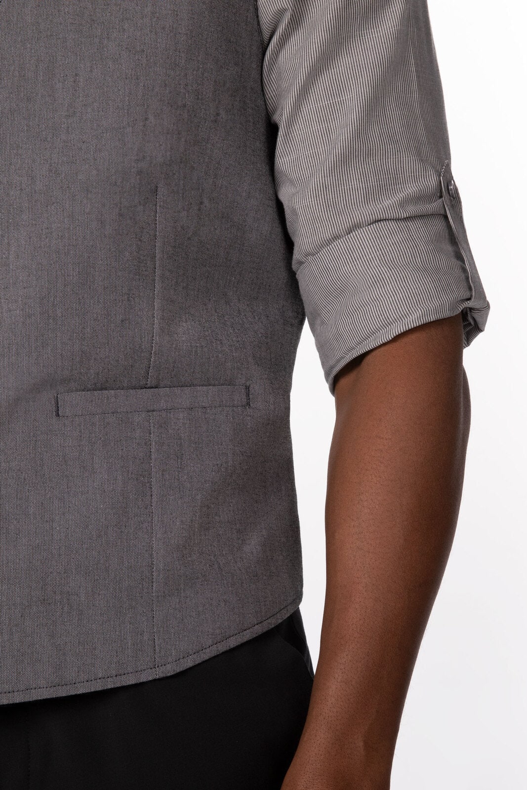 A grey men's vest with a slim fit, featuring a pocket and a rolled-up sleeve.