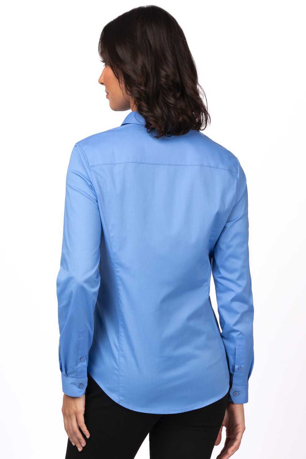 A back view of a premium formal women's button-up shirt in a light blue colour, featuring a collar and long sleeves.