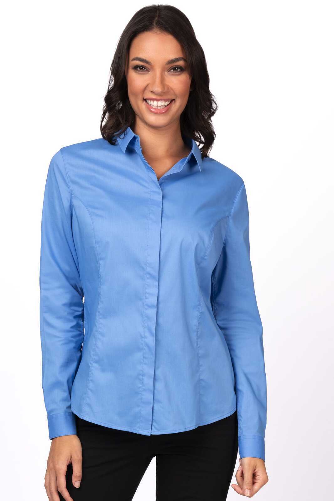 A blue premium formal women's dress shirt with a collared neckline and button-up front, featuring long sleeves.