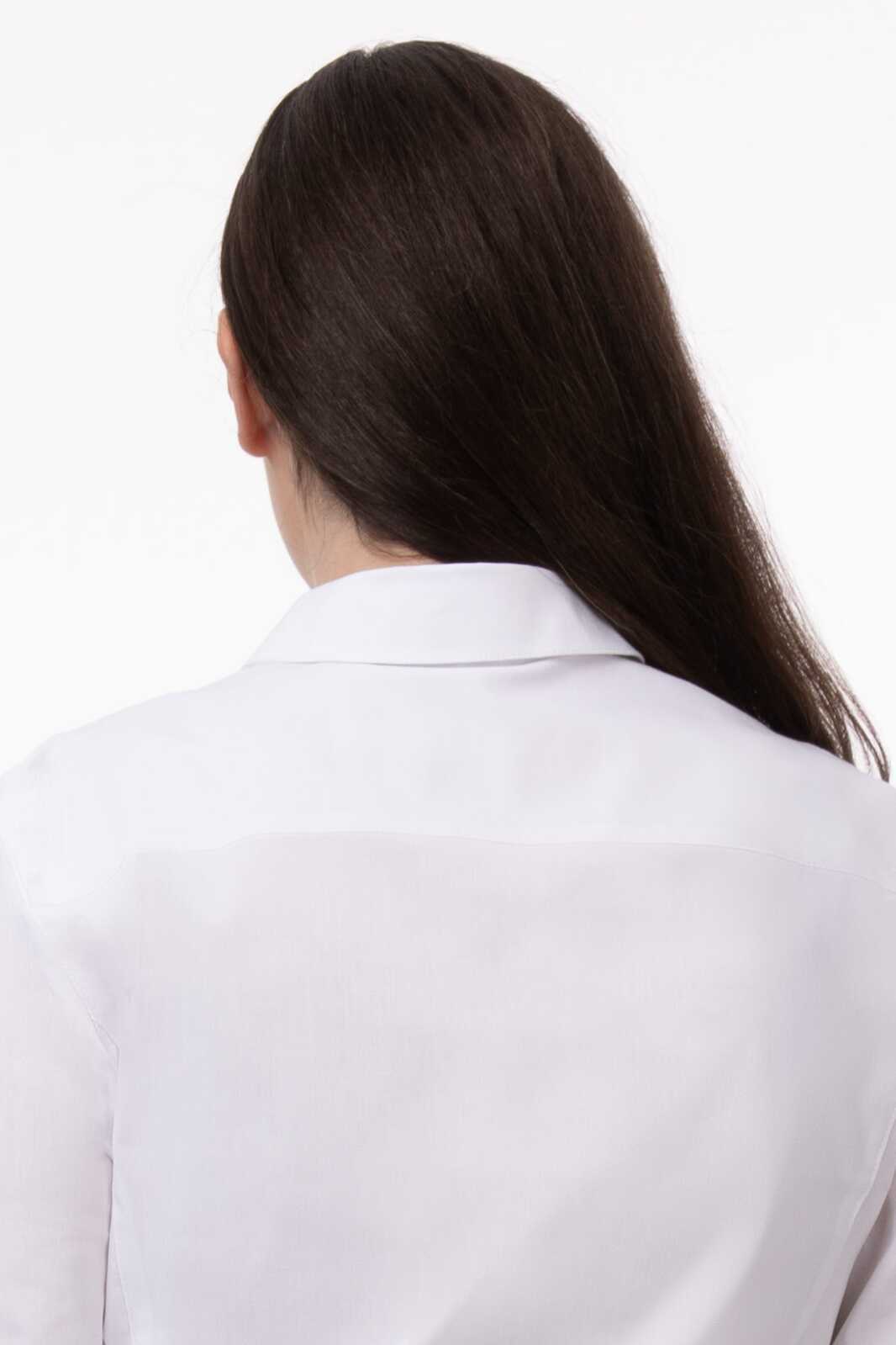 A white premium formal women's dress shirt with a classic collar and a smooth, sleek finish.