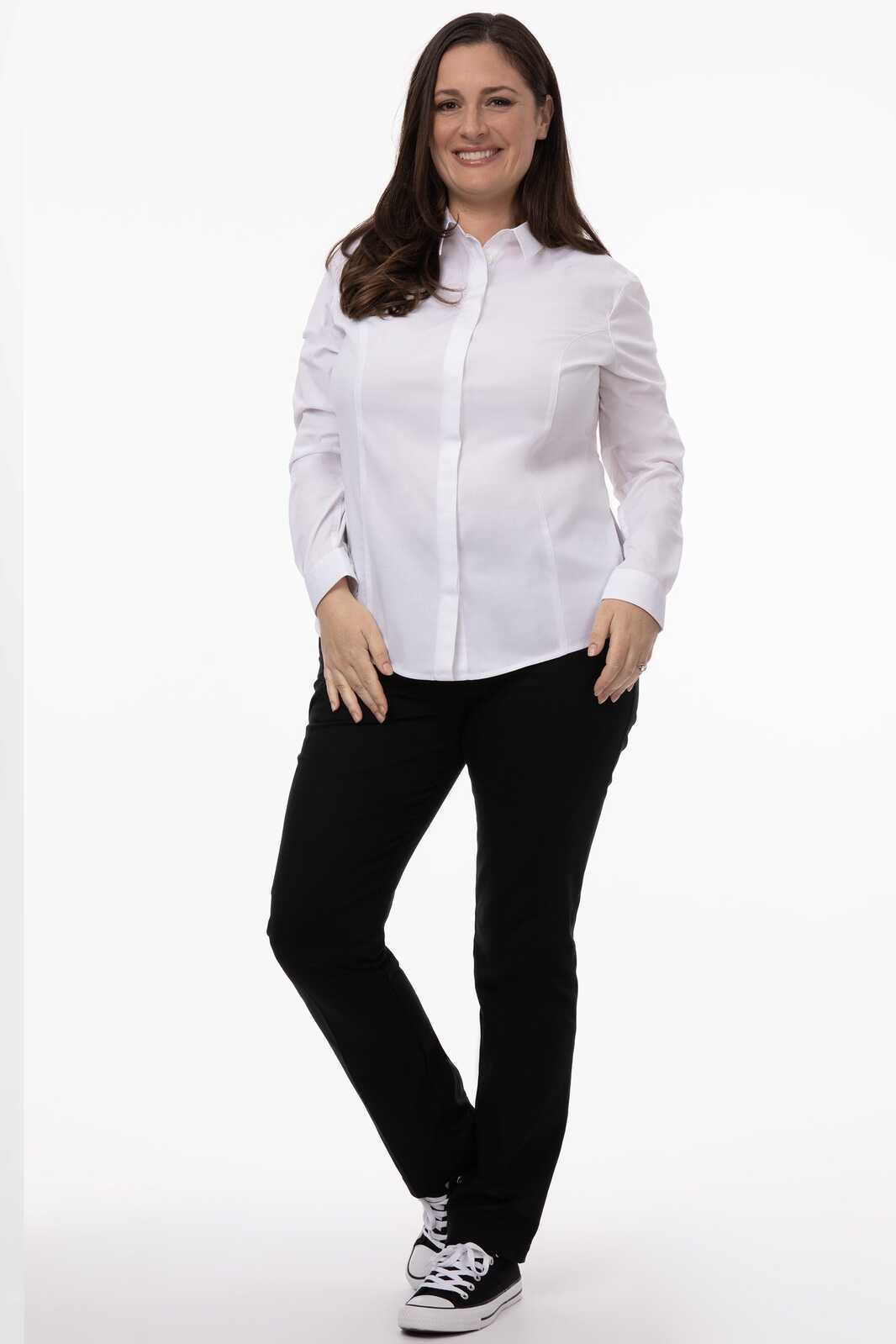 A white Premium Formal Women's Dress Shirt displayed on a model, paired with black pants and sneakers.