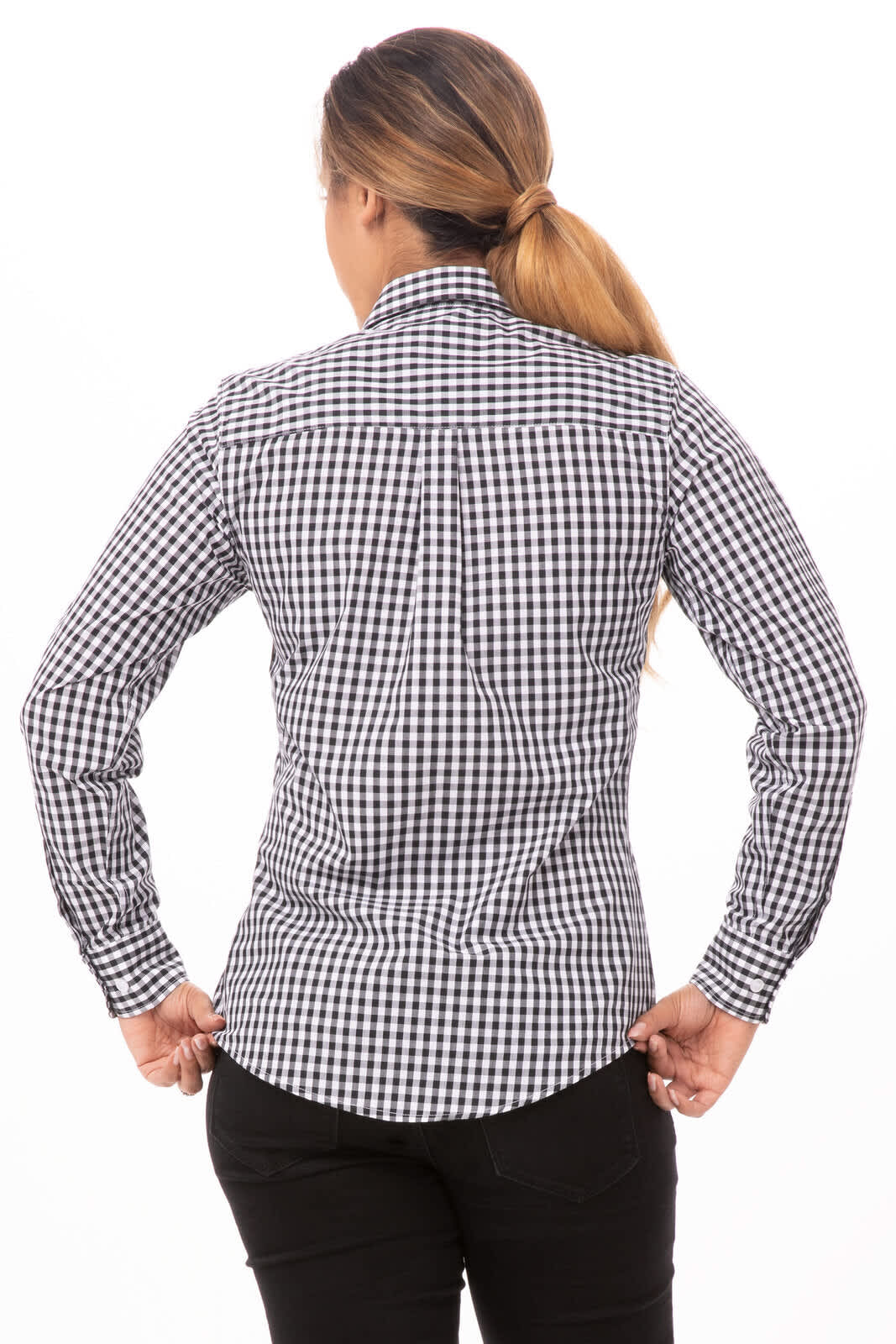 A women's button-up shirt in a black and white gingham pattern, featuring long sleeves and a fitted design.