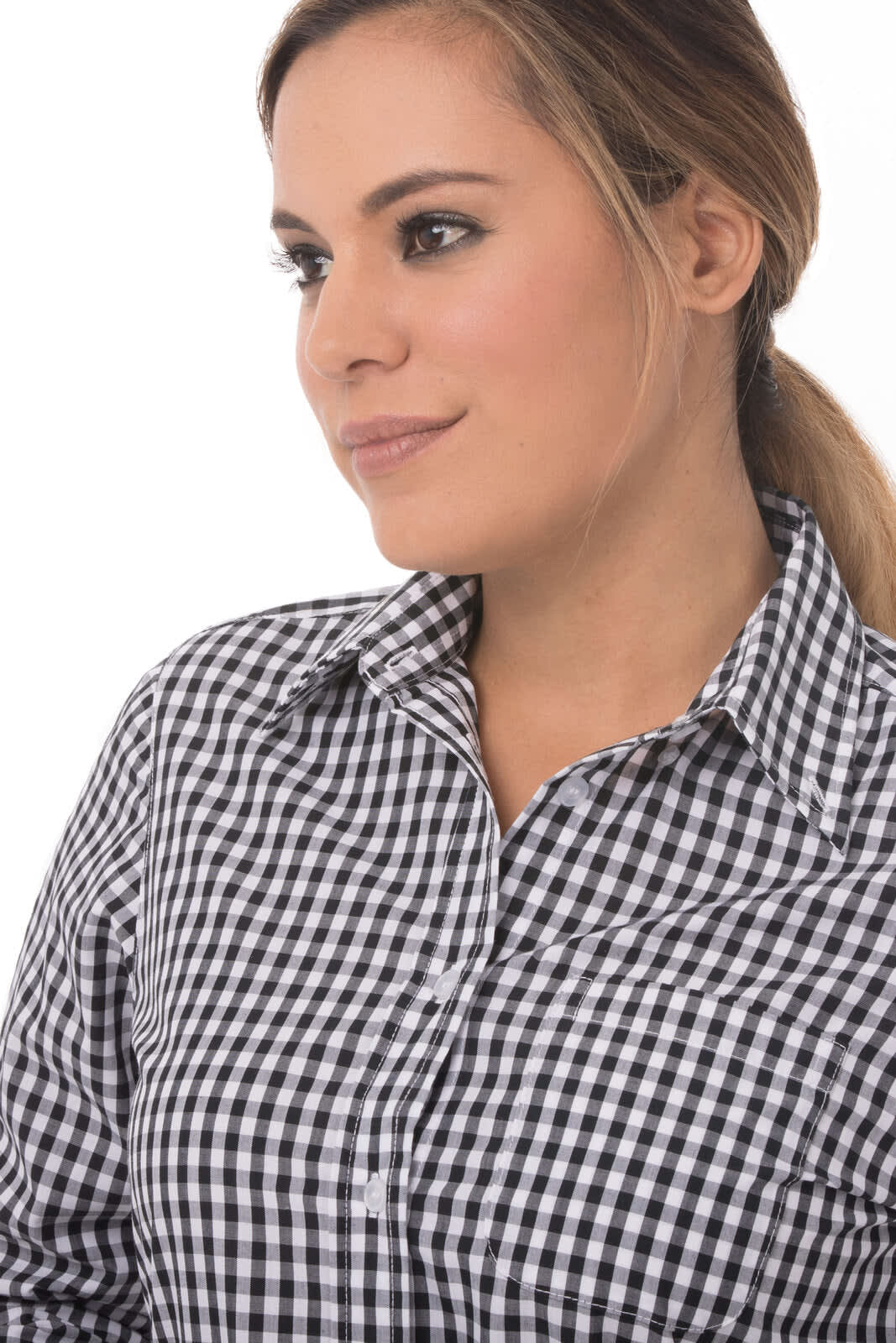 A women's button-up shirt in a black and white gingham pattern with a collar and long sleeves.
