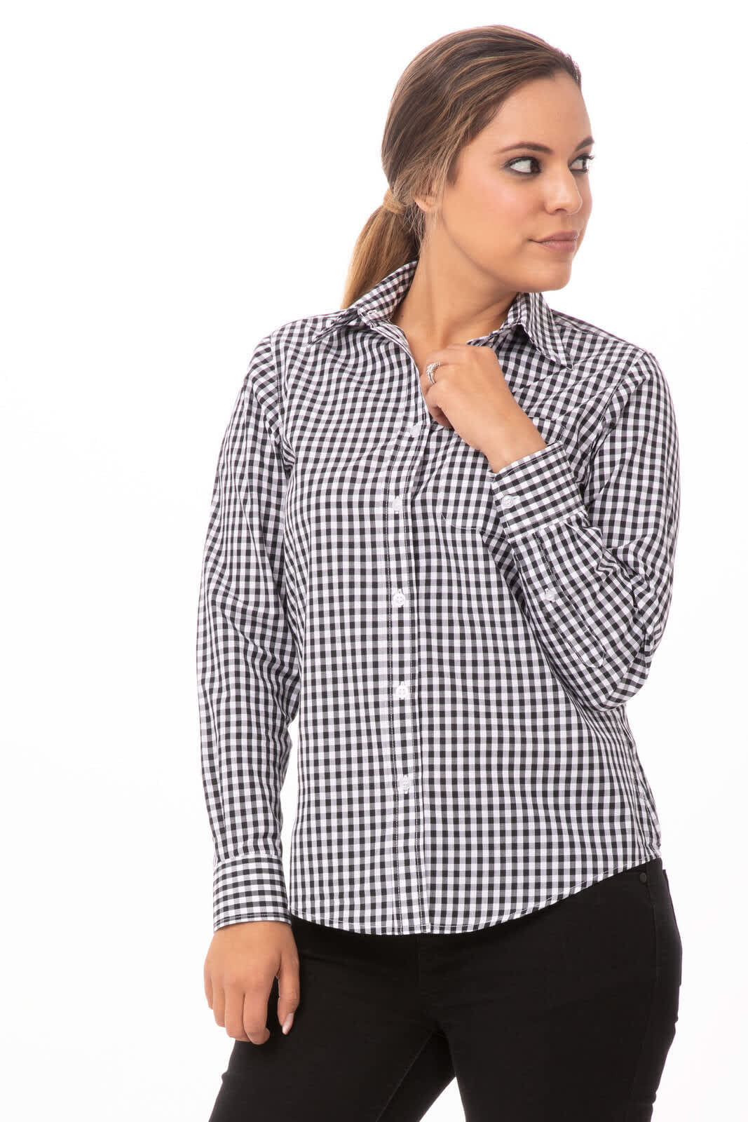 A women's button-up shirt featuring a black and white gingham pattern, with a collar and long sleeves.