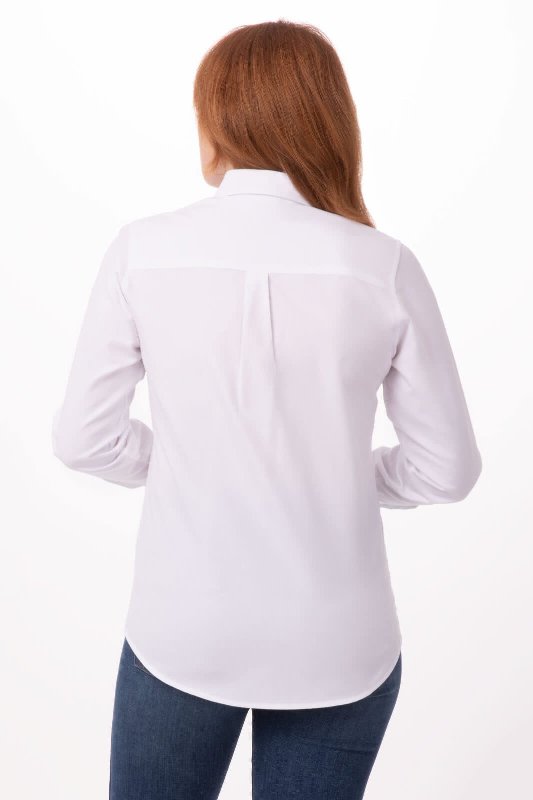A women's white button-up gingham dress shirt, featuring long sleeves and a curved hem, shown from the back.