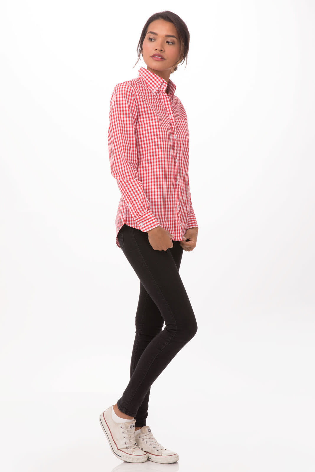 A women's gingham dress shirt in red and white, featuring a collar and long sleeves, paired with black pants.