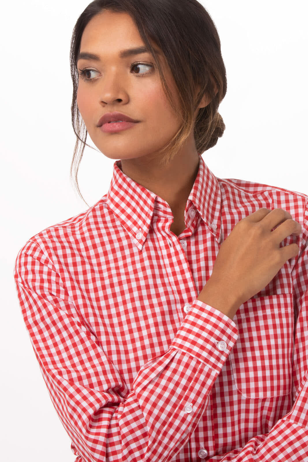 A women's button-up shirt in red and white gingham pattern, featuring a classic collar and long sleeves.