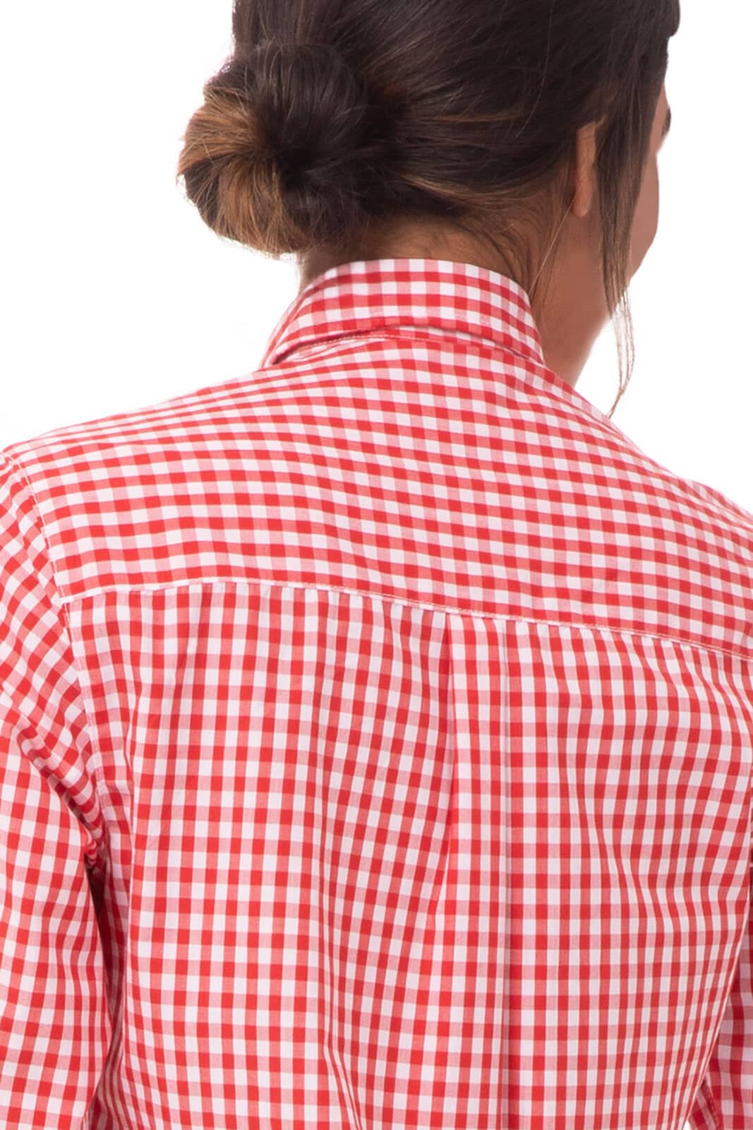 A red and white gingham button-up shirt featuring a classic collar and a back view of its design.