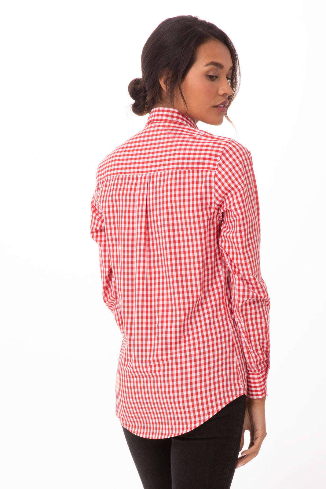 A red and white gingham dress shirt with long sleeves and a fitted silhouette, featuring a logo on the label.