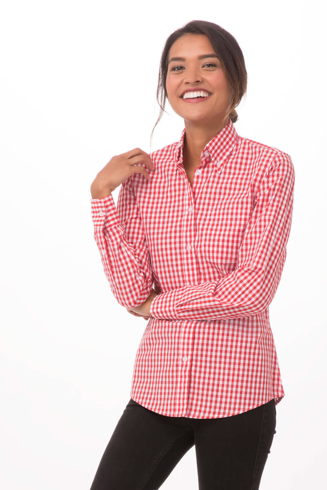 A red gingham button-up dress shirt displayed on a smiling woman, featuring long sleeves and a collar.