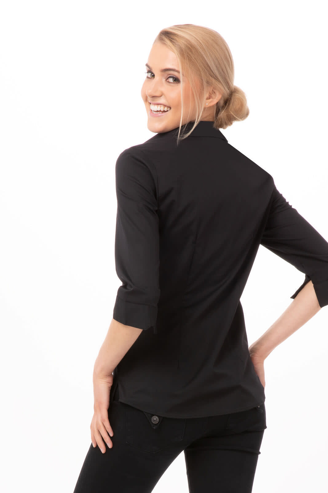 A women's black button-up shirt with three-quarter sleeves and a tailored fit, featuring a logo on the back.