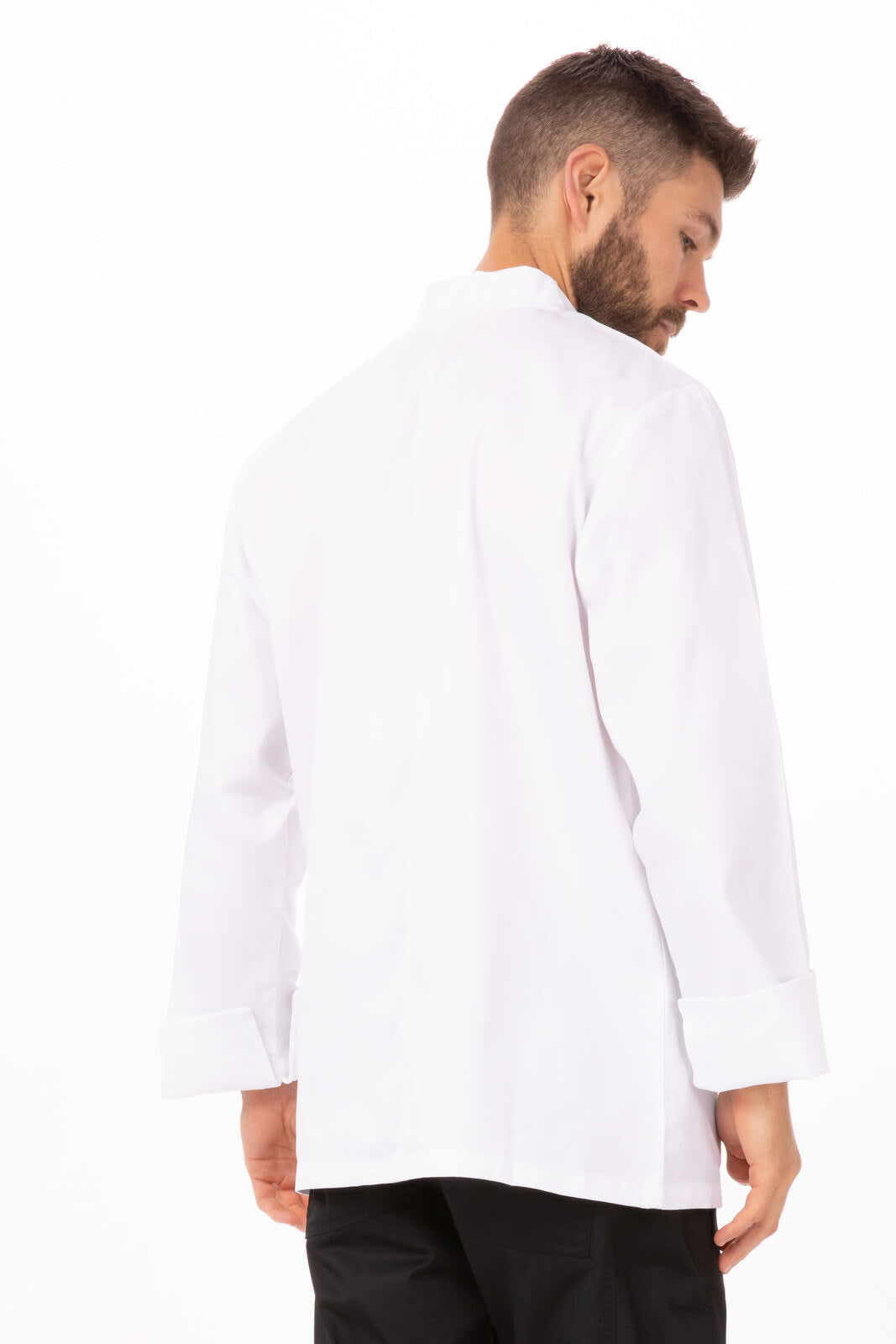 A white chef jacket with long sleeves, featuring a back view and a simple design. It has a logo on the sleeve.