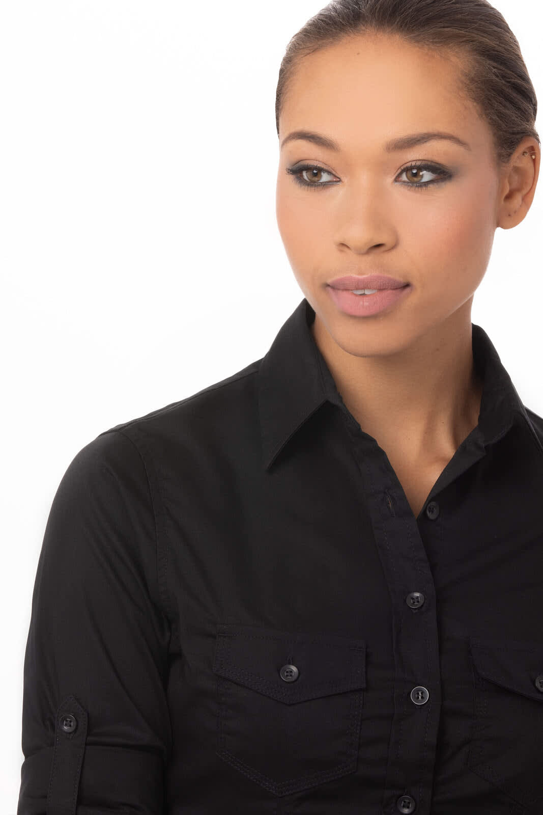 A black button-up women's shirt with two front pockets, featuring a fitted design and rolled sleeves.