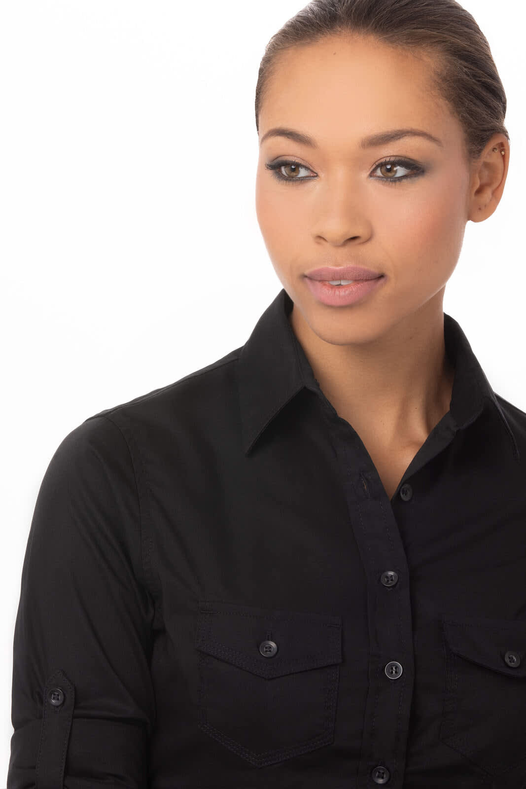 A women's button-up shirt in black with two chest pockets and a fitted design, featuring a logo.