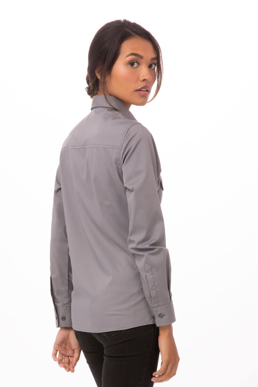 A grey button-up shirt for women, featuring a collared neck and long sleeves. It has a logo on the front.