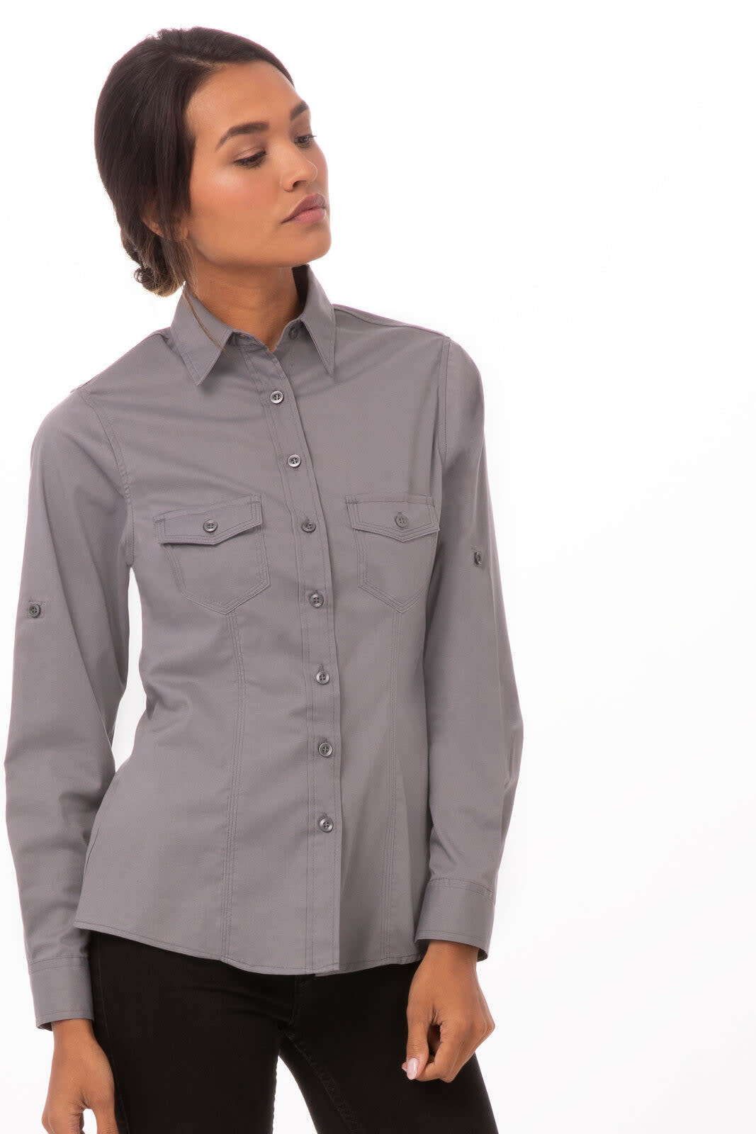 A grey button-up shirt with long sleeves and chest pockets, featuring a logo on the front.
