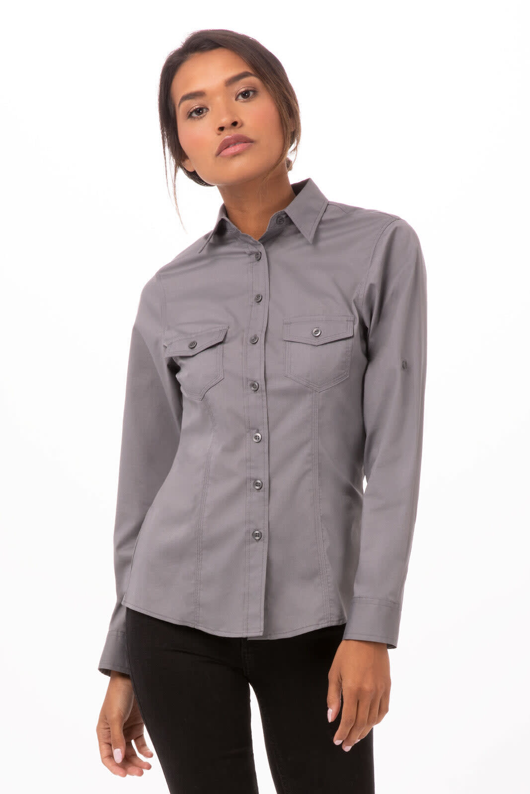 A grey button-up women's shirt with long sleeves and two chest pockets, featuring a logo.