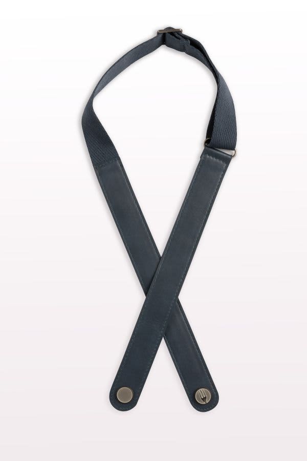 A navy blue apron neck strap with a crossed design and circular fasteners at the ends.