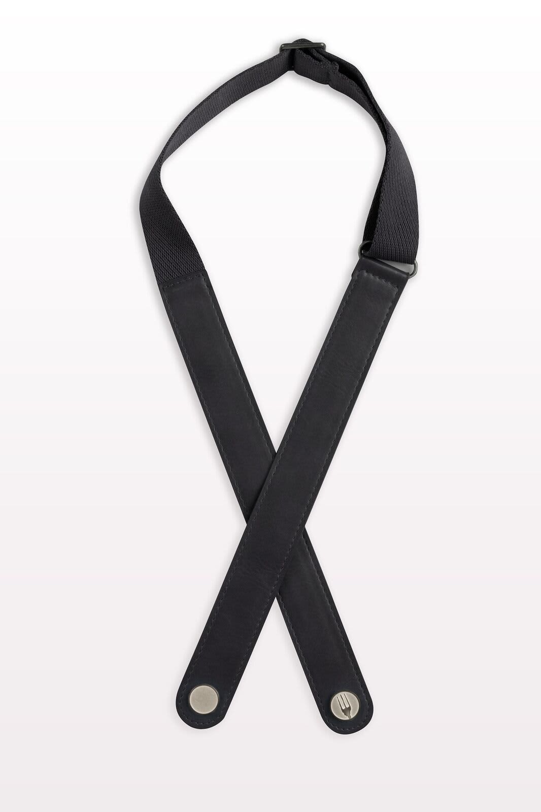 A black apron neck strap featuring adjustable straps and metal fasteners. It has a simple design with a modern look.