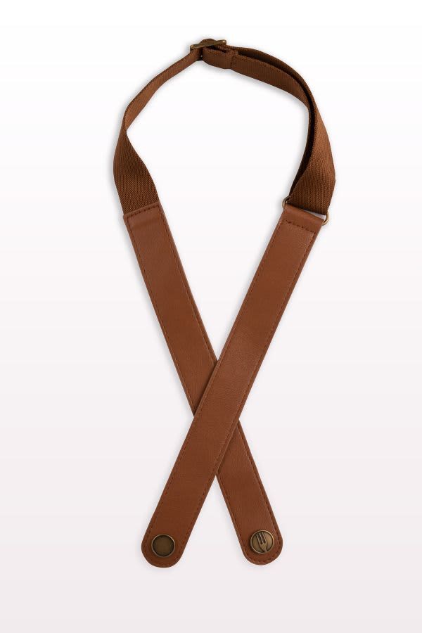 A brown apron neck strap with adjustable sections and metal attachments, featuring a logo.
