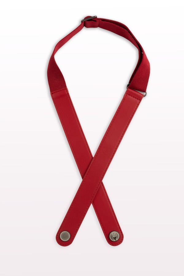 A red apron neck strap with adjustable length and metal fasteners, featuring a simple design.