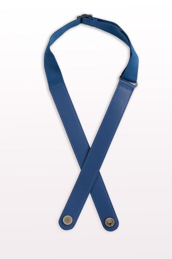 A blue apron neck strap with a cross design and metal fasteners, featuring a logo.