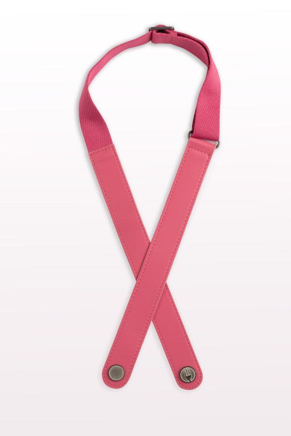 A pink apron neck strap with adjustable sections and metal fasteners designed for practical use in workwear.