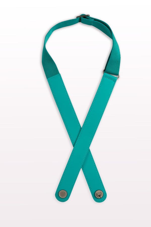 A turquoise apron neck strap with a cross design and metal snaps. Suitable for workwear use.