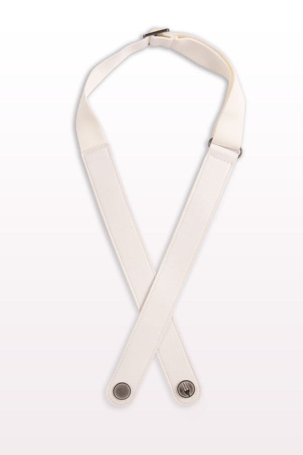A white apron neck strap with adjustable ends and metal clasps, featured against a light background.