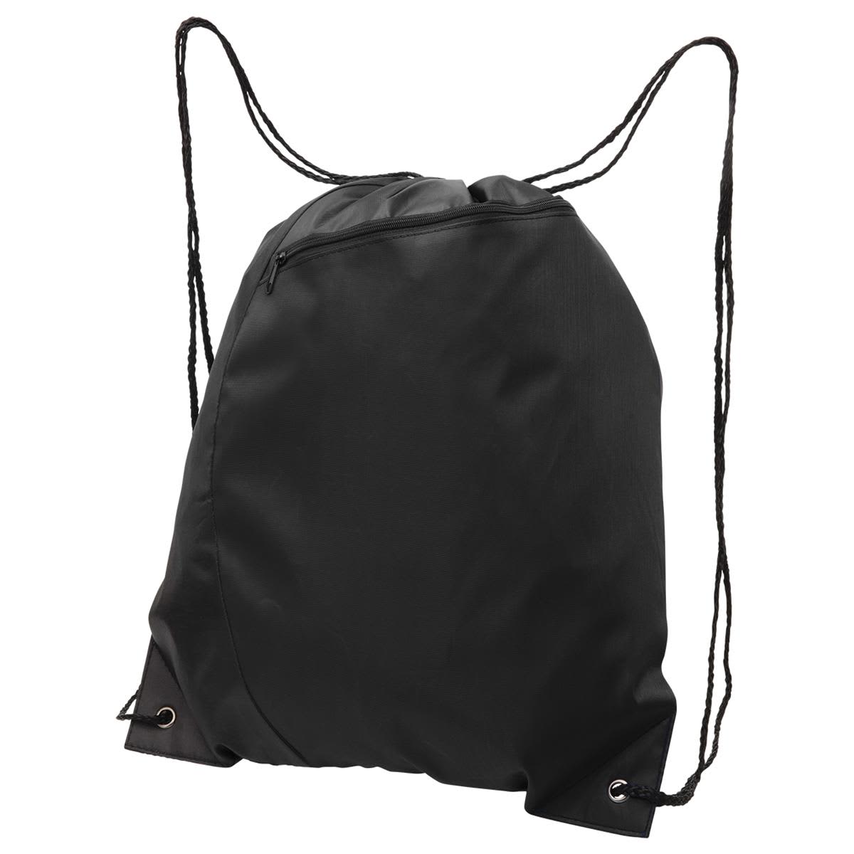 A black drawstring bag with a zippered pocket and two adjustable cord straps. It features a logo.