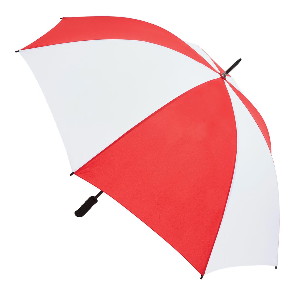 A red and white umbrella with a black handle and a small logo on the canopy.